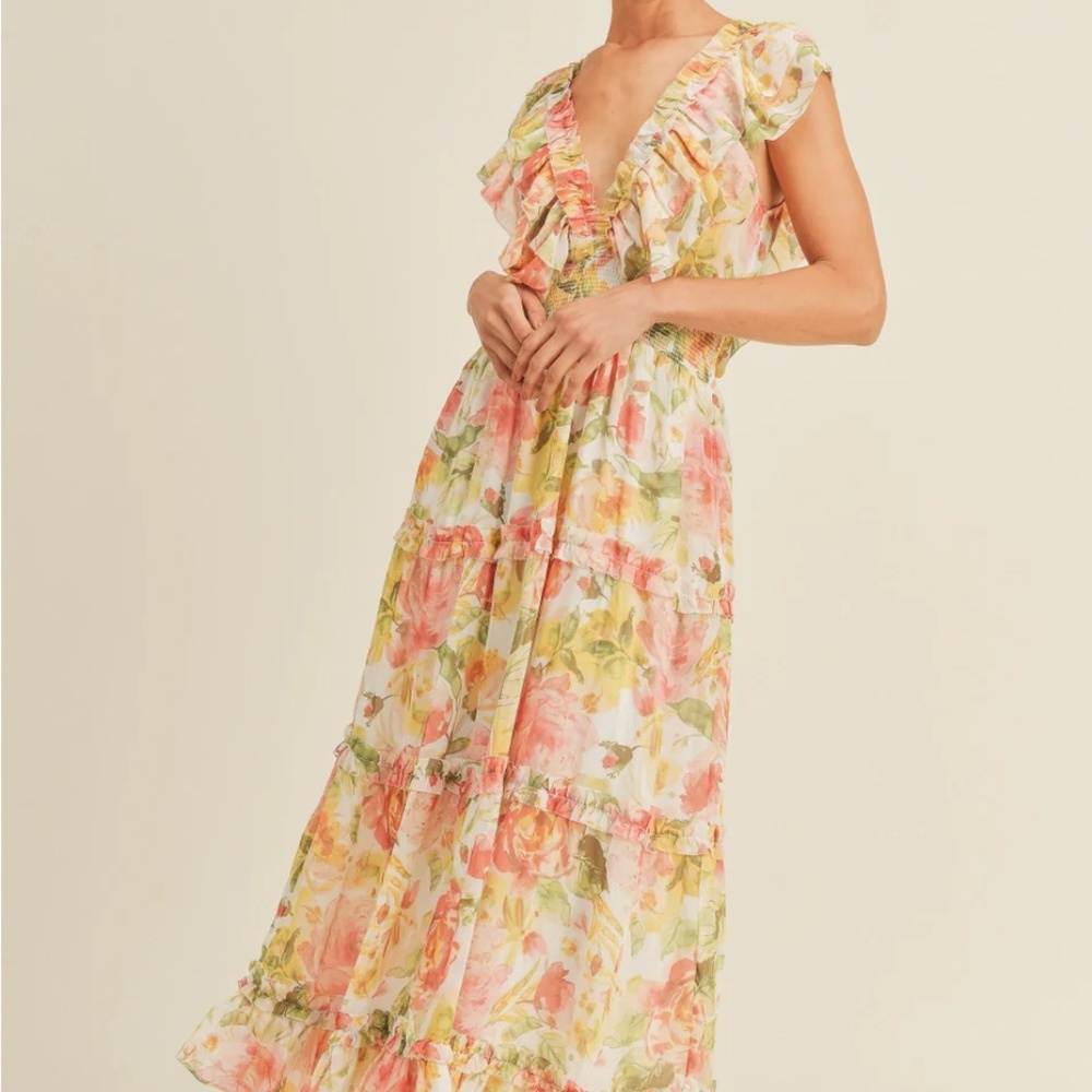Flora Pink Yellow Floral Spring Maxi Dress